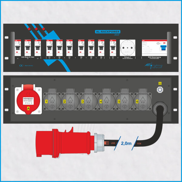 AL-RACKPOWER MkII 32A/400V, 3HE, 1x RCD