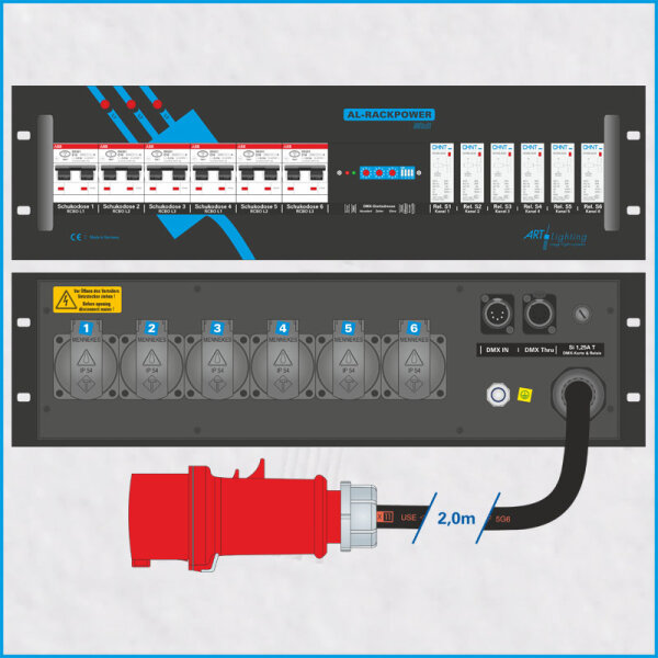 AL-RACKPOWER MkII DMX 32A/400V, 3HE, 6-ch., 6x RCBO