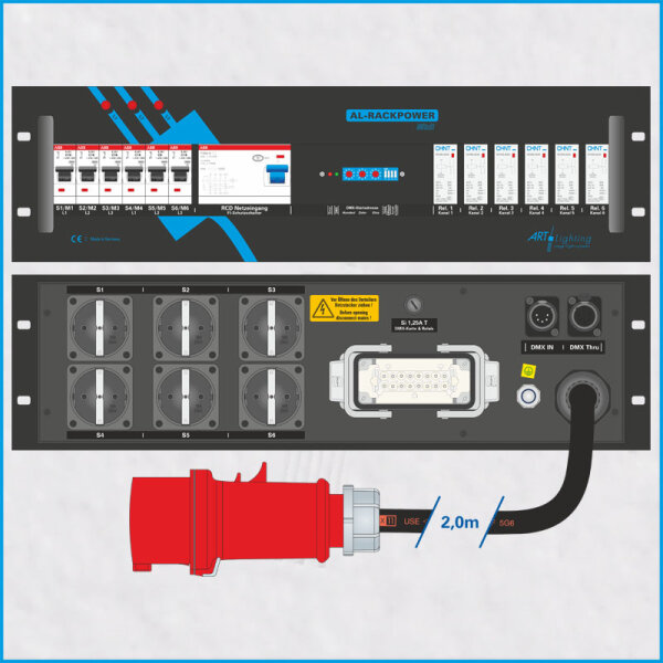 AL-RACKPOWER MkII DMX 32A/400V, 3HE, 6-ch., 1x RCD