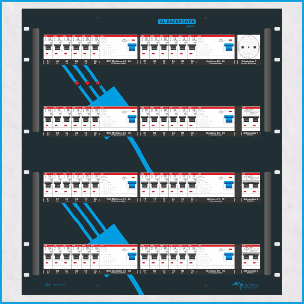 AL-RACKPOWER MkII 63A/400V, 12HE, 3x RCBO, 8x RCD