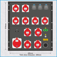 AL-RACKPOWER MkII 125A/400V, 12HE, 8x RCD, 1x RCBO, Power-Analyser