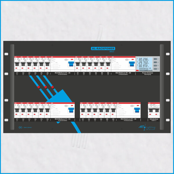 AL-RACKPOWER MkII 63A/400V, 6HE, 1x RCBO, 4x RCD, Power-Analyser