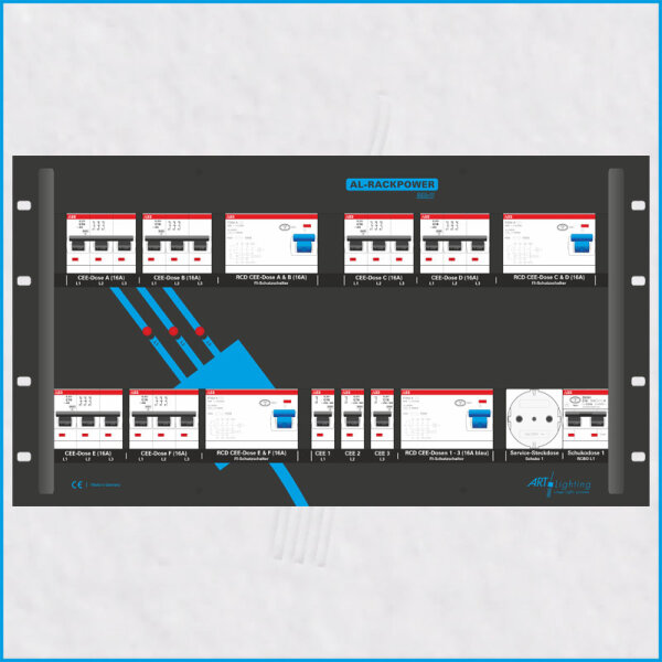 AL-RACKPOWER MkII 63A/400V, 6HE, 1x RCBO, 4x RCD