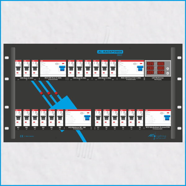 AL-RACKPOWER MkII 63A/400V, 6HE, 4x RCD, Multimeter