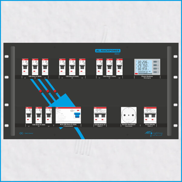 AL-RACKPOWER MkII 125A/400V, 6HE, 2x RCBO 1x RCD, Power-Analyser