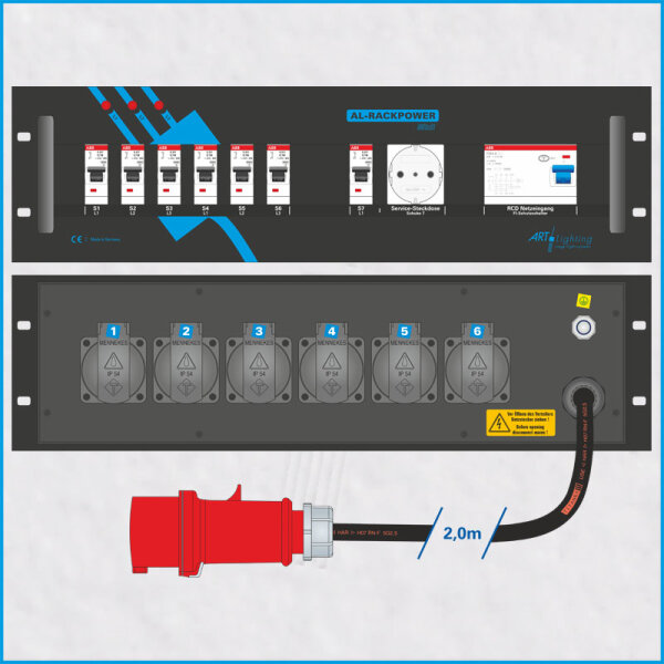 AL-RACKPOWER MkII 16A/400V, 3HE, 1x RCD