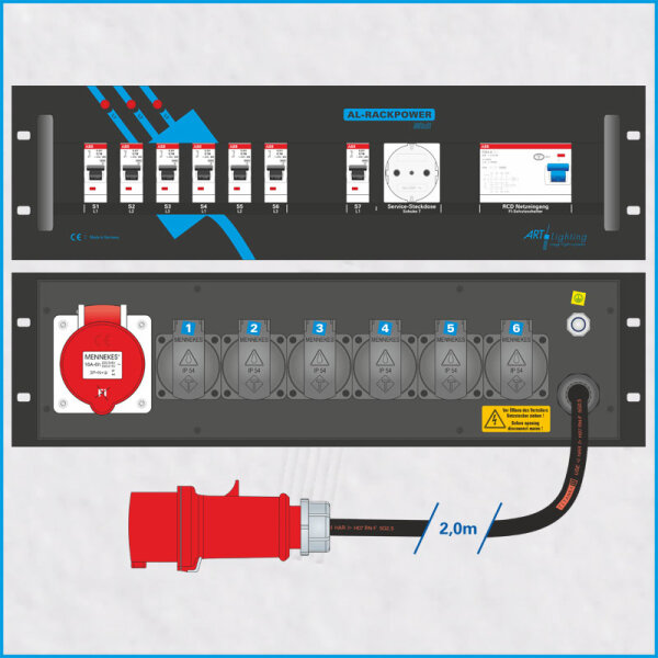 AL-RACKPOWER MkII 16A/400V, 3HE, 1x RCD