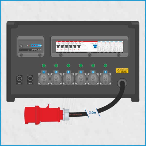 AL-MEDIUM-PE DMX 32A/400V, 6x Schuko, 1x RCD, Relais 20A