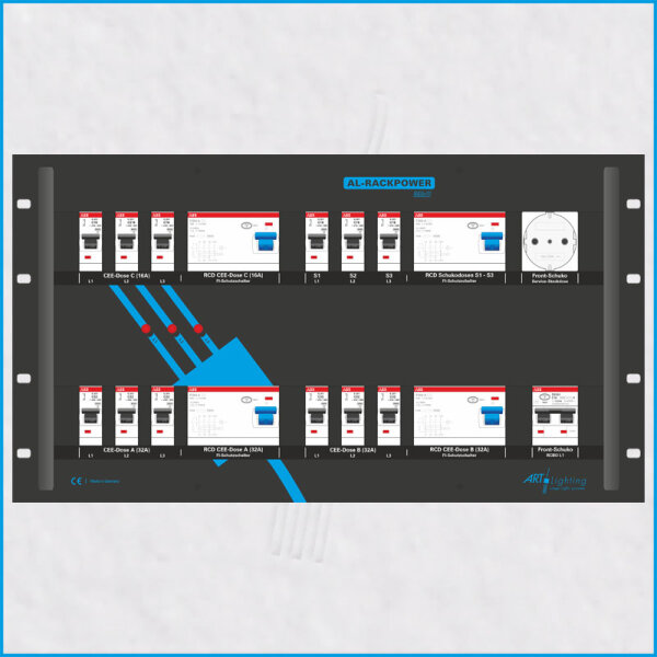 AL-RACKPOWER MkII 63A/400V, 6HE, 1x RCBO, 4x RCD
