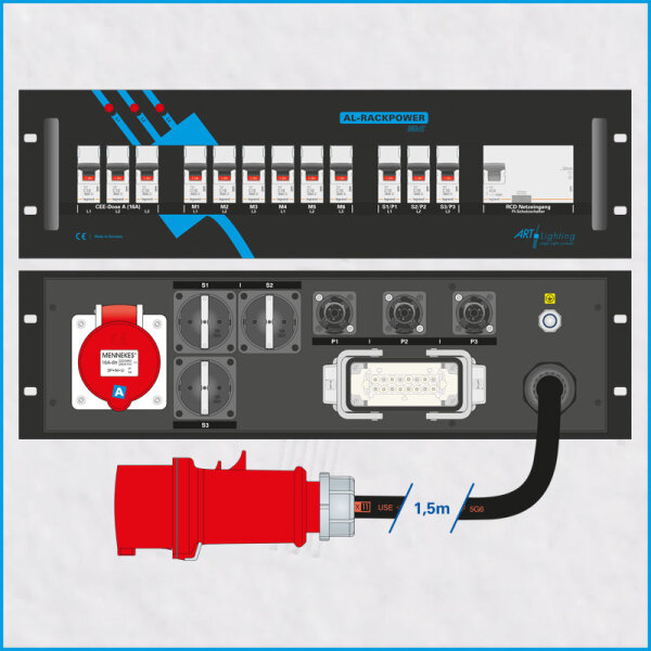 19"-Stromstation 32A/400V, 3HE, 1x RCD *AKTION*