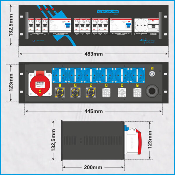 AL-RACKPOWER MkII 16A/400V, 3HE, 6x RCBO, Multimeter